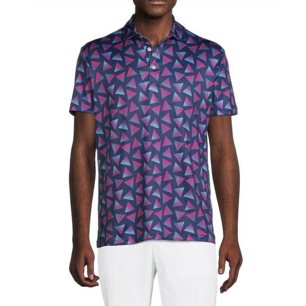 TailorByrd Men XL Golf Polo Shirt Navy Triangles Print Quick Dry Back Byrd Logo